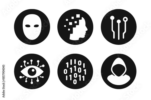 Digital Identity Icons. Solid style round vector icons of digital identity: faceless mask, pixel fragments, data stream, glowing
