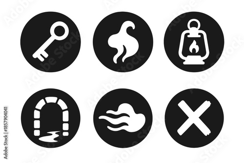 Mystical Passage Icons. Solid style round vector icons of unknown passage: skeleton key, veil of mist, dim lantern, hidden