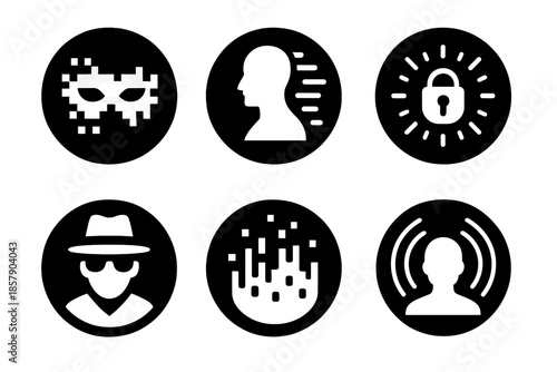 Virtual Secrecy Icons. Solid style round vector icons of virtual secrecy: pixelated mask, tech shadow, coded glow, hidden identity