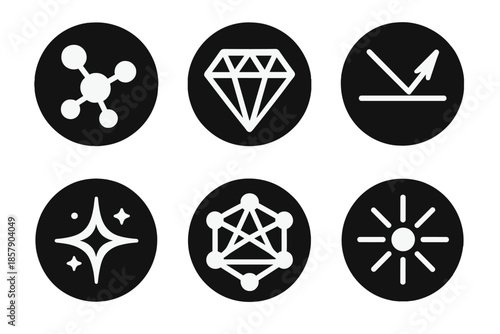 Elegant Vector Icons. Solid style round vector icons of structured elegance: molecule model, diamond crystal, light path, atomic