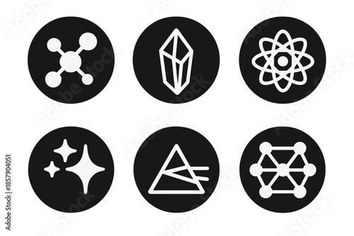 Scientific Beauty Icons. Solid style round vector icons of scientific beauty: molecule structure, crystal shard, glowing atom,