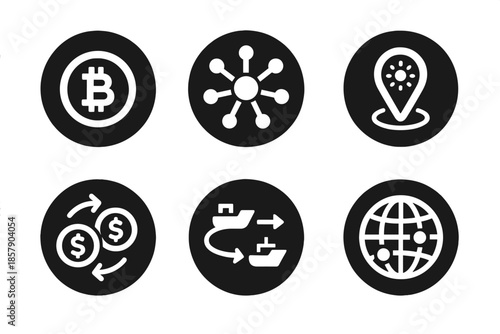 Decentralized Economy Icons. Solid style round vector icons of decentralized economy: crypto coin, network map, glowing pin, money