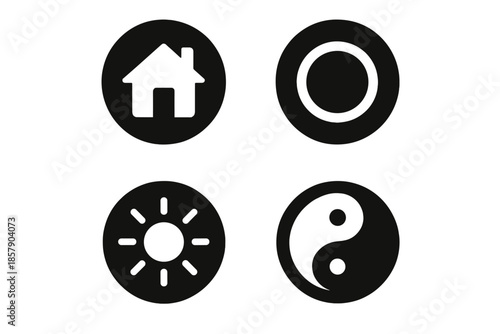 Harmony Icon Design. Solid style round vector icons of harmony and warmth: small house, light ring, comforting glow, balanced