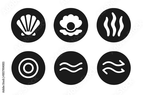 Ocean Life Icons. Solid style round vector icons of ocean and life rhythm: seashell, tide, pearl, seaweed, ripple, current No text
