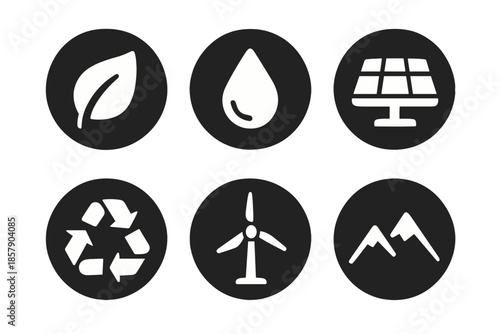 Eco-friendly Icons. Solid style round vector icons of ecology and sustainability: leaf, water drop, solar panel, recycling sign,