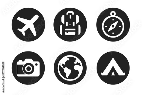 Travel Adventure Icons. Solid style round vector icons of travel and adventure: airplane, backpack, compass, camera, globe, tent