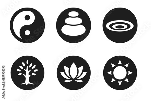 Balance and Harmony Icons. Solid style round vector icons of balance and harmony: yin yang, stone stack, water ripple, tree, lotus