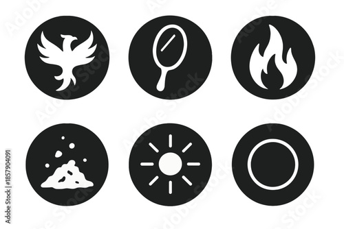 Rebirth Symbols Icons. Solid style round vector icons of rebirth and clarity: phoenix, mirror, flame, ash, glow, circle No text,