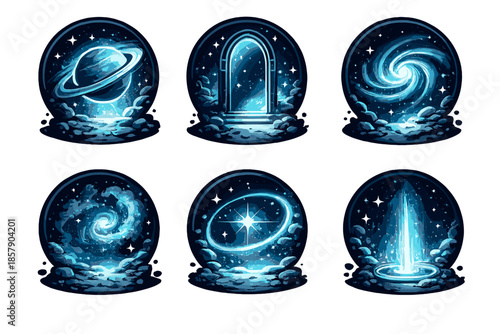 Interstellar Icon Set. Solid style round vector icons of interstellar gateways: planet, portal door, galaxy swirl, nebula, star