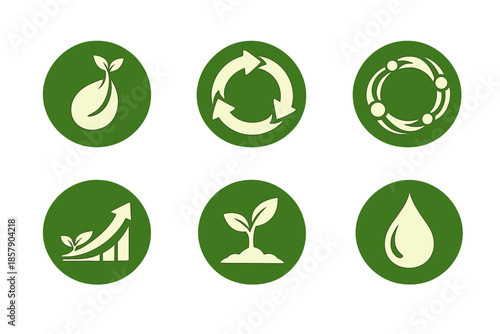 Regenerative Design Icons. Solid style round vector icons of regenerative design: seed, circle, flow ring, growth curve, sapling,