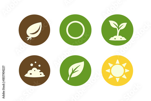 Natural Growth Icons. Solid style round vector icons of natural beginnings: seed, circle, sprout, soil, leaf, sunlight No text, No