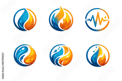 Dual Energy Icons. Solid style round vector icons of dual energy: drop, flame, pulse, swirl, flow, flicker No text, No labels,