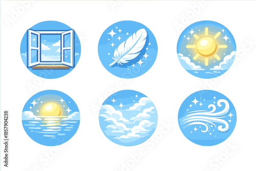 Icons of Openness. Solid style round vector icons of openness and clarity: window, feather, sunlight, reflection, sky, breeze No