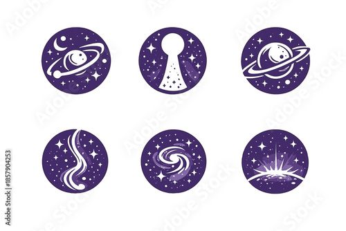 Astral Pathway Icons. Solid style round vector icons of astral pathways: orbit, keyhole, planet ring, flow beam, nebula swirl,