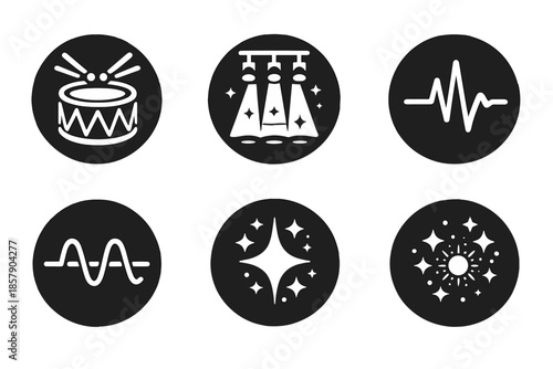 Rhythm and Light Icons. Solid style round vector icons of rhythm and illumination: drum, lightbeam, pulse, wave, sparkle, glow No