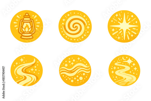 Mindful Evolution Icons. Solid style round vector icons of mindful evolution: lantern, spiral, radiance, flow curve, energy wave,