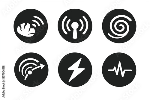 Bio Transmission Icons. Solid style round vector icons of bio transmission: shellpiece, signal, spiral, echo path, energy line,