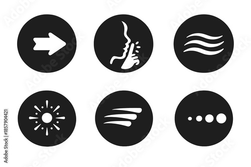 Quiet Direction Icons. Solid style round vector icons of quiet direction: arrowhead, whisper, wave, aura, motion line, fade No