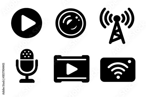 Live Media Icons. Solid style icons of live media: play button, camera lens, broadcast tower, microphone, video frame, streaming
