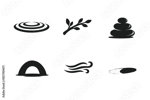 Meditative Icon Collection. Solid style icons of meditative design: ripple line, resting branch, balanced form, quiet arc, air