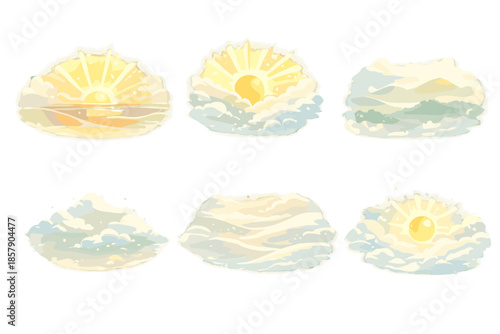 Morning Serenity Icons. Solid style icons of morning serenity: horizon glow, sunbeam, soft hill, cloud drift, mist wave, bright