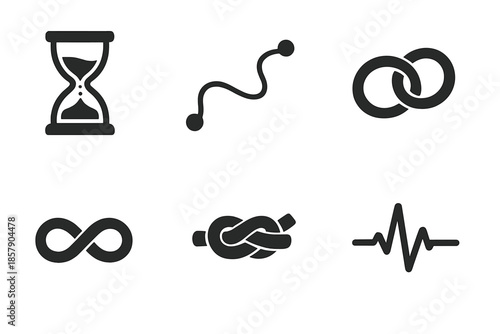 Temporal Icons Collection. Solid style icons of temporal connection: hourglass, threadline, linked rings, infinity loop, knot,