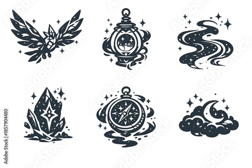 Magical Icon Collection. Solid style icons of magical exploration: crystalwing, lantern orb, mist path, guiding rune, floating