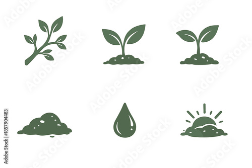 Quiet Growth Icons. Solid style icons of quiet growth: twig branch, leaf sprout, seedling, soft soil, dew drop, morning light No