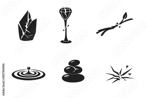 Fragile Stability Icons. Solid style icons of fragile stability: glass shard, crystal stem, thin branch, ripple surface, balanced