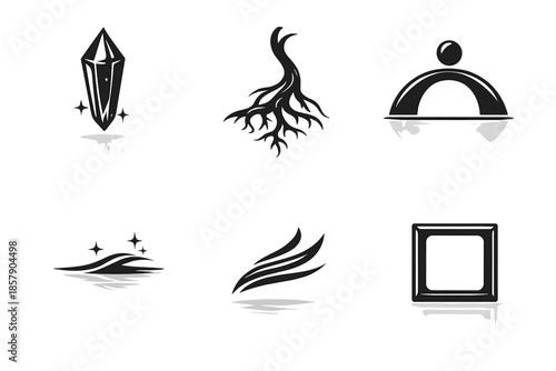 Enduring Elegance Icons. Solid style icons of enduring elegance: thin crystal, winding root, balanced arc, subtle reflection,
