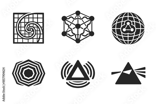 Harmonic Geometry Icons. Solid style icons of Harmonic Geometry: spiral grid, resonance cube, tone sphere, acoustic hexagon, echo