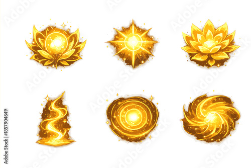 Radiant Growth Icons. Solid style icons of radiant growth: orb bloom, core light, layered petals, energy thread, circular glow,