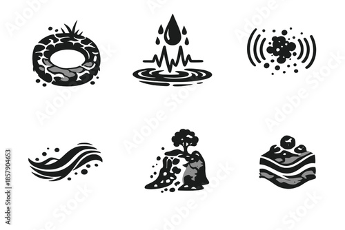 Earth Rhythm Icons. Solid style icons of Earth Rhythm: soil ring, rain pulse, dust echo, flowing shape, erosion node, layered tone