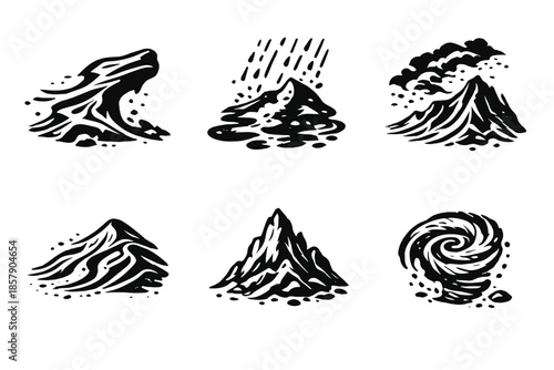 Erosion Form Icons. Solid style icons of Erosion Forms: wind-carved stone, rain pattern, dust ridge, ripple dune, weathered peak,