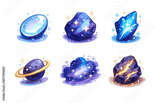 Celestial Mineral Icons. Solid style icons of Celestial Minerals: moonstone, cosmic rock, starlit fragment, orbiting pebble,