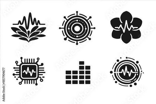 Generative Sound Icons. Solid style icons of Generative Sound: waveform bloom, audio core, pulse petal, digital resonance, tone