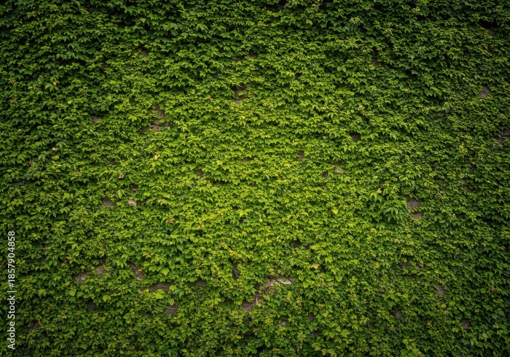 Fototapeta premium Rustic, rugged stone wall completely covered with dense, vibrant green ivy, providing a rich, ancient architectural background texture ,green, vine, vegetation