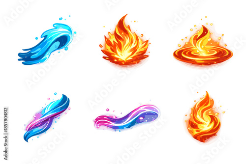 Dynamic Fluid Icons. Solid style icons of Fluid Contrast: stream wave, ember spark, radiant ripple, flowing thread, glowing line,