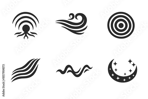 Harmonic Roots Icons. Solid style icons of Harmonic Roots: vibration root, wind spiral, echo node, flowing beam, sound thread,