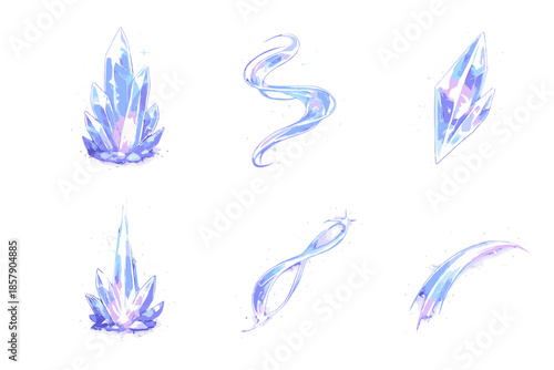 Glowing Crystal Icons. Solid style icons of Glowing Structure: quartz spike, flowing ribbon, luminous shard, crystal beam,
