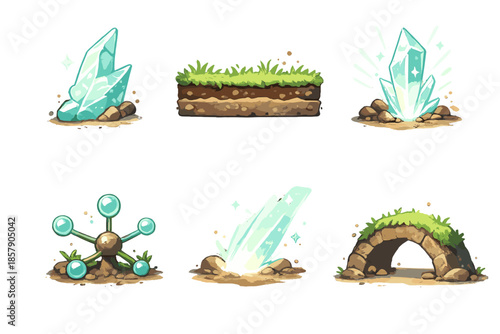 Grounded Lightness Icons. Solid style icons of Grounded Lightness: glass fragment, soil line, radiant shard, grounded node,