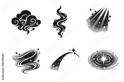 Subtle Narrative Icons. Solid style icons of Subtle Narratives: cloud swirl, ink strand, story beam, luminous thread, narrative