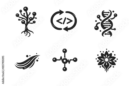 Adaptive Systems Icons. Solid style icons of Adaptive Systems: neural vine, code loop, bio thread, flowing arc, pulse node,