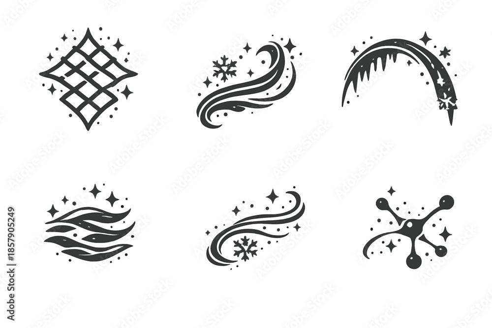 Obraz premium Delicate Motion Icons. Solid style icons of Delicate Motion: mist lattice, flake curve, frozen arc, airy ripple, snow thread, soft