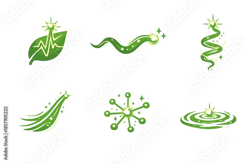 Organic Glow Icons. Solid style icons of Organic Glow: leaf pulse, glide line, glowing thread, flowing arc, radiant node, soft