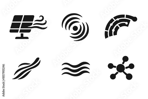 Minimal Flow Icons. Solid style icons of Minimal Flow: wind panel, echo grain, structured arc, soft thread, flowing ripple, subtle