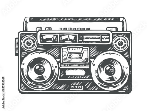 Illustration of an old radio with a cassette tape. Art in pen strokes.