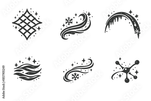 Delicate Motion Icons. Solid style icons of Delicate Motion: mist lattice, flake curve, frozen arc, airy ripple, snow thread, soft
