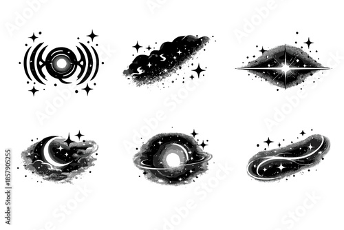 Mystical Icon Set. Solid style icons of Whispered Clarity: voice node, dust veil, radiant line, obscured arc, soft pulse, luminous