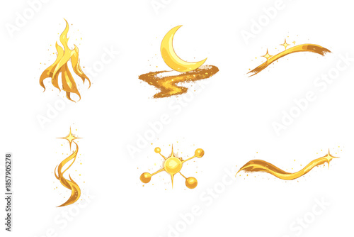 Solid Icon Serenity. Solid style icons of Calm Passion: fire veil, moon step, soft arc, radiant thread, luminous node, flowing
